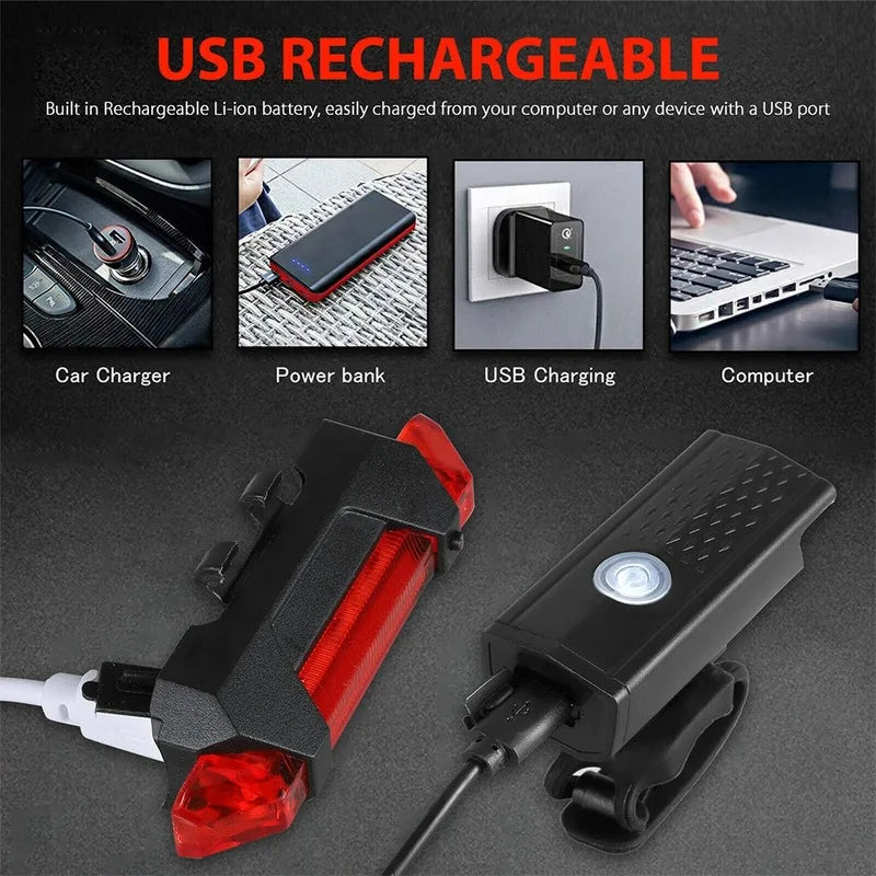 Ensemble d'éclairage de vélo rechargeable USB à LED, phare avant et arrière pour VTT, vélo de route, lampe torche, éclairage de cyclisme, accessoires de cyclisme