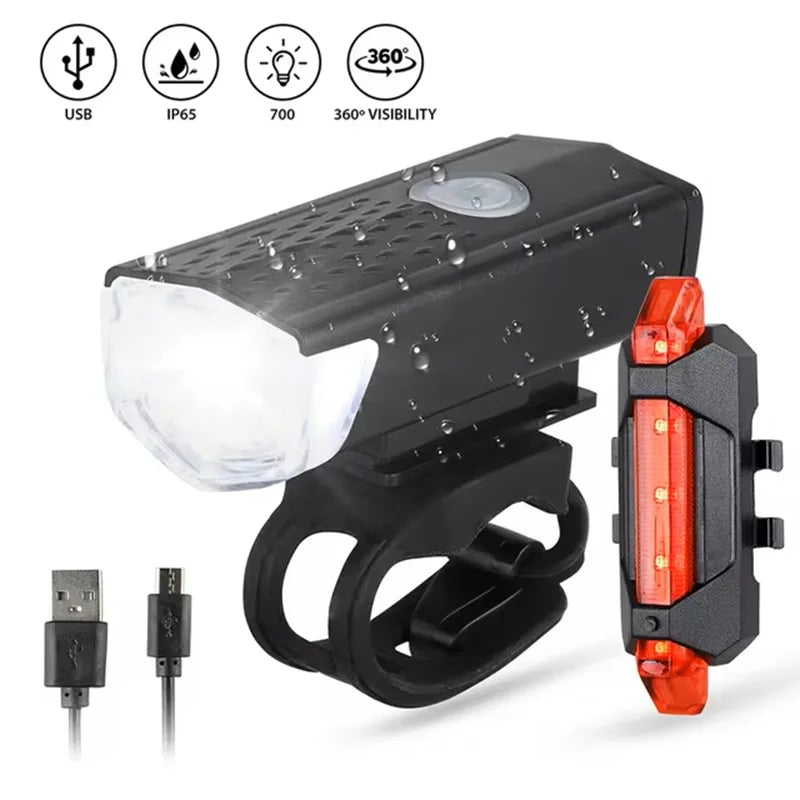 Ensemble d'éclairage de vélo rechargeable USB à LED, phare avant et arrière pour VTT, vélo de route, lampe torche, éclairage de cyclisme, accessoires de cyclisme