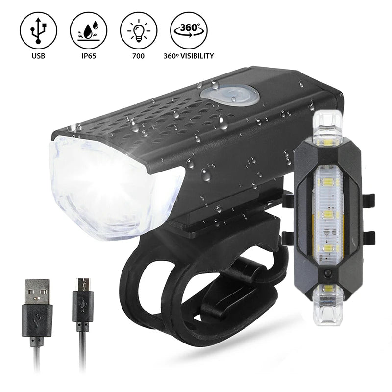 Ensemble d'éclairage de vélo rechargeable USB à LED, phare avant et arrière pour VTT, vélo de route, lampe torche, éclairage de cyclisme, accessoires de cyclisme