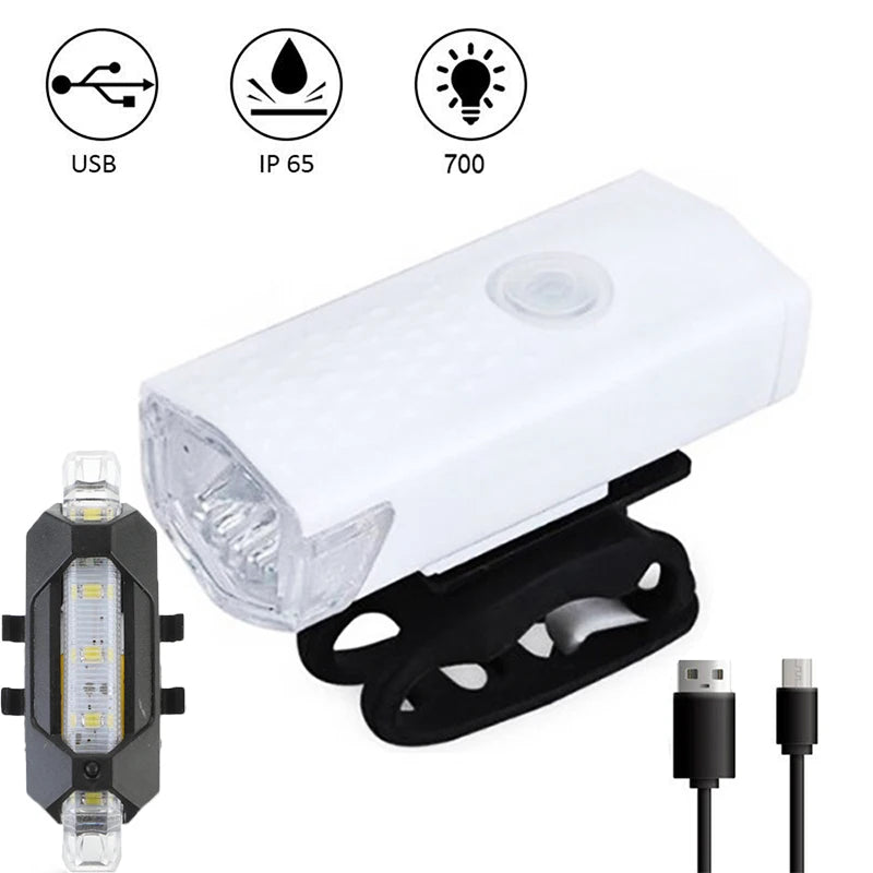 Ensemble d'éclairage de vélo rechargeable USB à LED, phare avant et arrière pour VTT, vélo de route, lampe torche, éclairage de cyclisme, accessoires de cyclisme