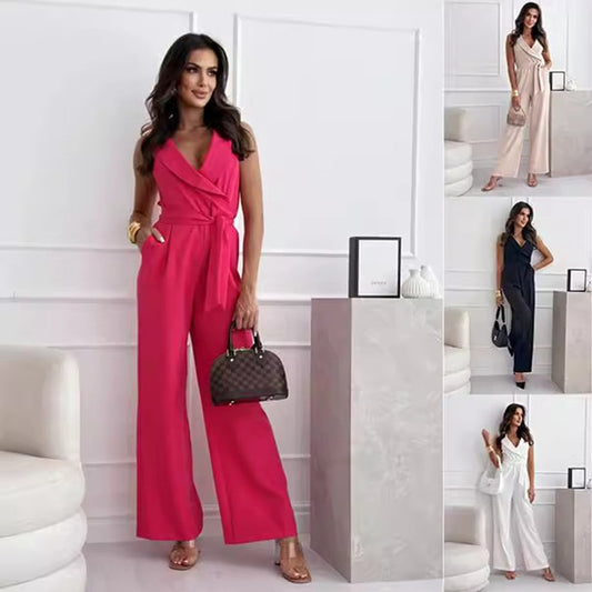 V-neck Sleeveless & Jumpsuit With Belt Design